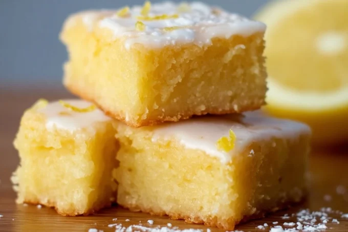Delicious lemon brownies, also known as lemonies, served on a plate.