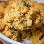 Mamaw's cornbread dressing served in a bowl with herbs and spices