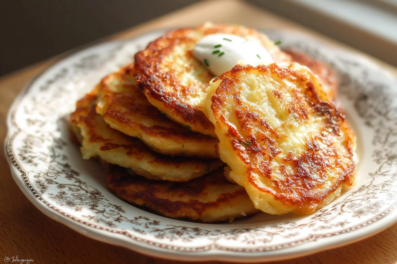 Crispy and golden brown mashed potato pancakes served with sour cream.