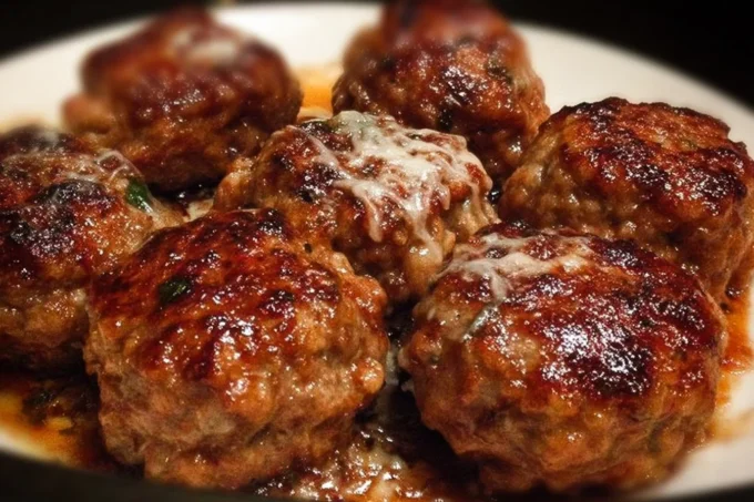 Cheesy meatballs served in a bowl with marinara sauce and herbs
