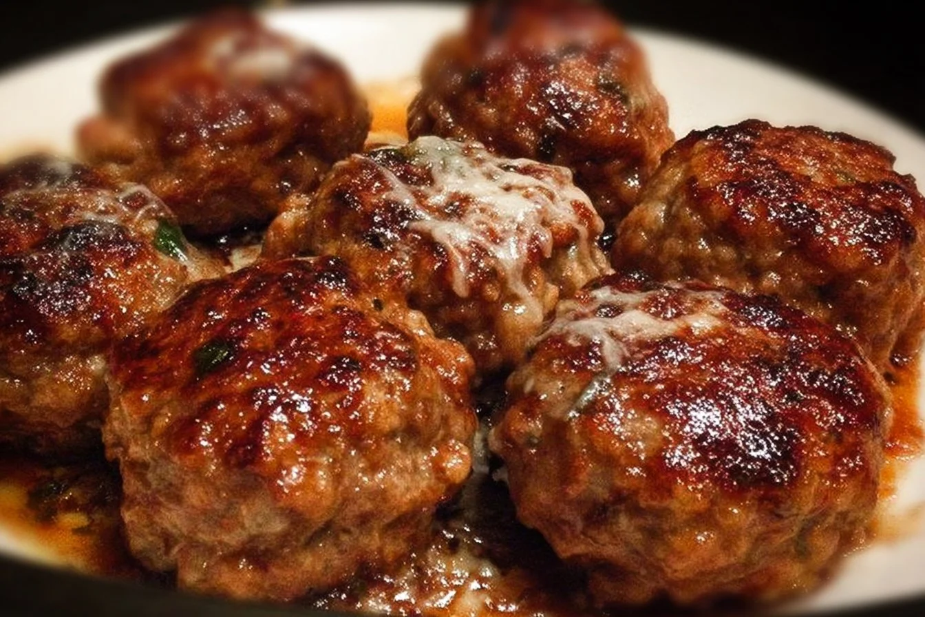 Cheesy meatballs served in a bowl with marinara sauce and herbs