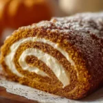 Delicious pumpkin spice roll cake topped with cream cheese frosting