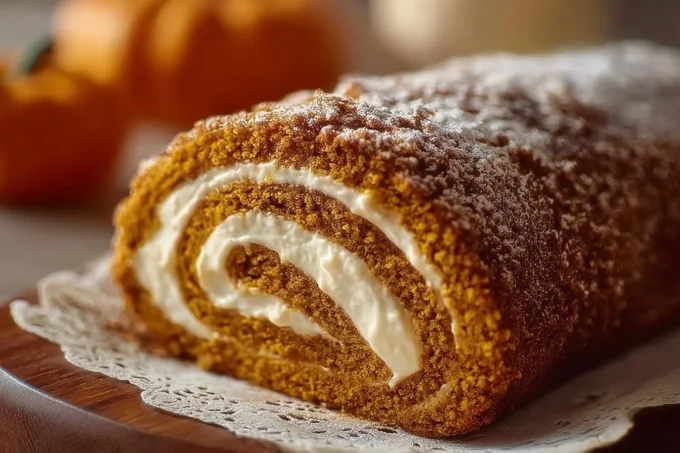Delicious pumpkin spice roll cake topped with cream cheese frosting