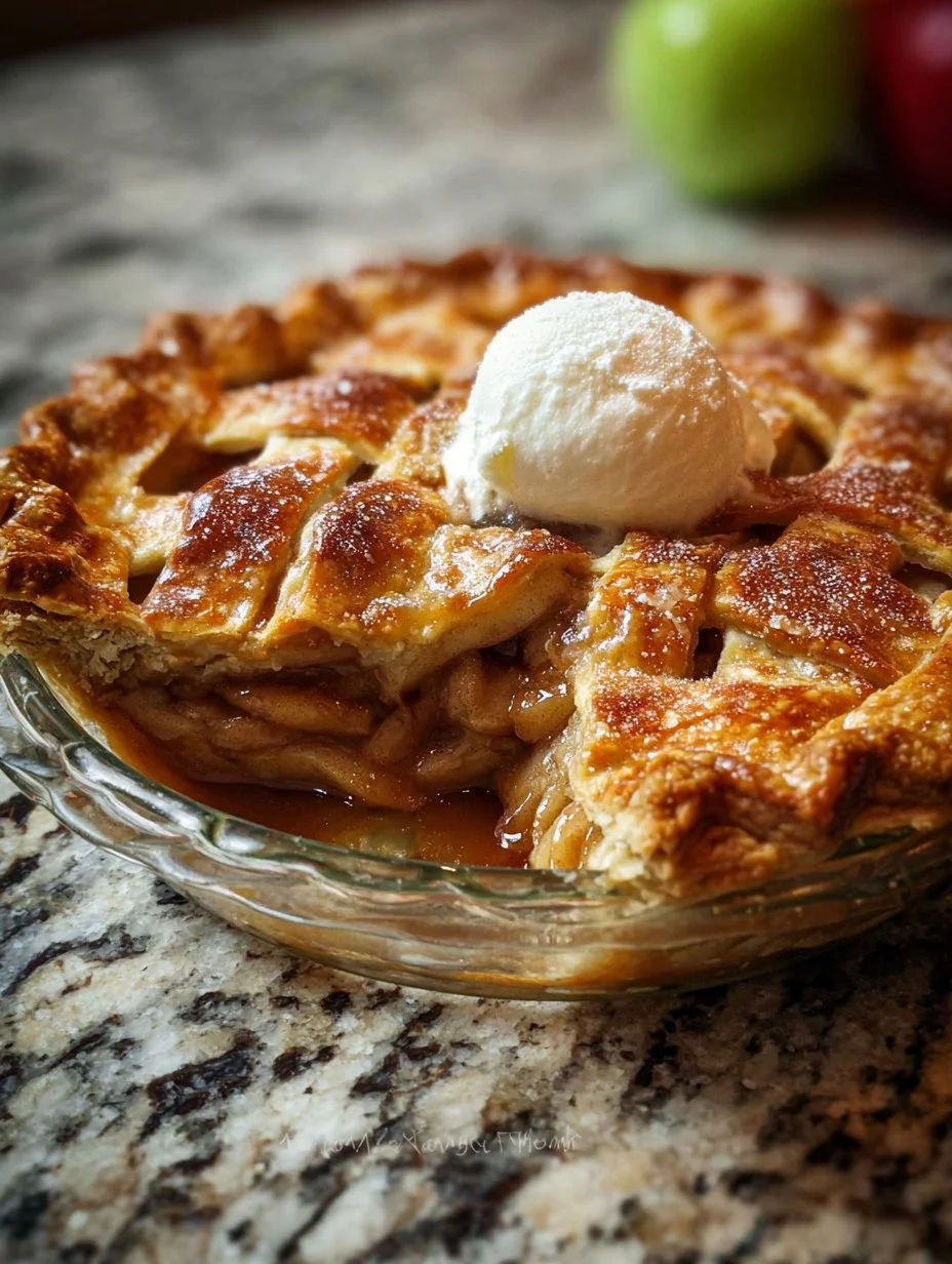 Delicious homemade apple pie with golden crust and fresh apples.