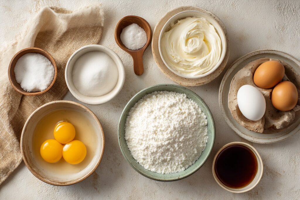 Simple ingredients for Seven Minute Frosting laid out: sugar, egg whites, water, cream of tartar, salt, and vanilla extract.