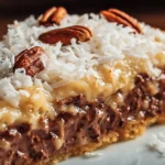 Delicious No-Bake German Chocolate Pie topped with coconut and pecans.