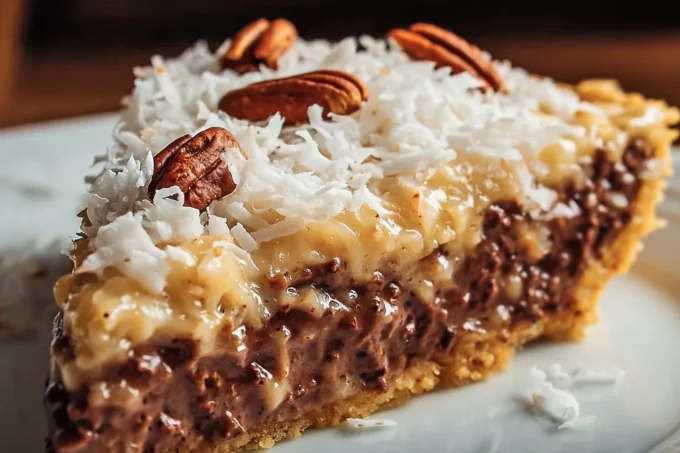 Delicious No-Bake German Chocolate Pie topped with coconut and pecans.