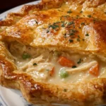 Homemade old-fashioned chicken pot pie with flaky crust and vegetable filling