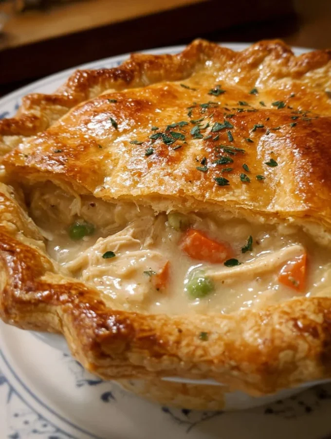 Homemade old-fashioned chicken pot pie with flaky crust and vegetable filling