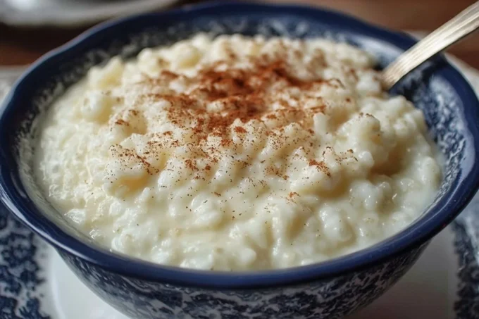 Delicious bowl of old fashioned rice pudding topped with cinnamon and raisins.