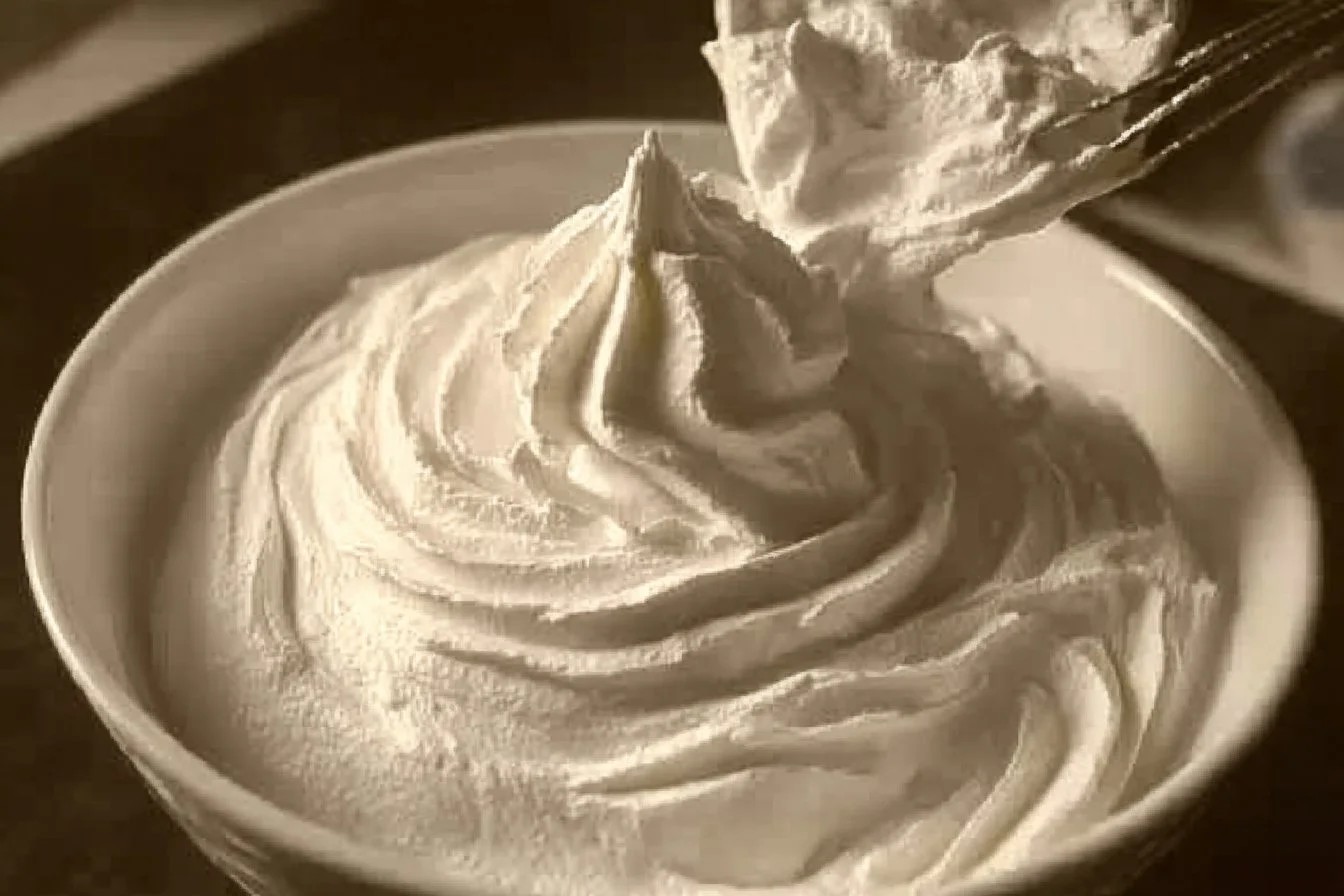 A close-up of a perfectly smooth, glossy white Seven Minute Frosting piled high on a slice of chocolate cake, with firm peaks visible.