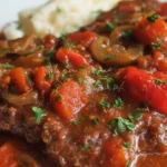 Plate of old-fashioned Swiss steak served with vegetables.