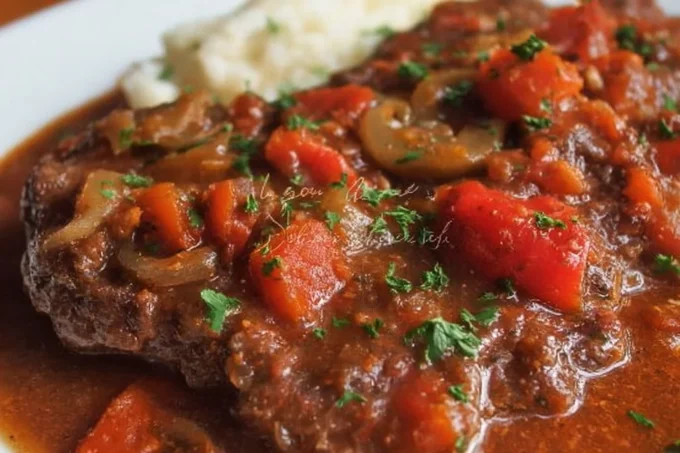 Plate of old-fashioned Swiss steak served with vegetables.