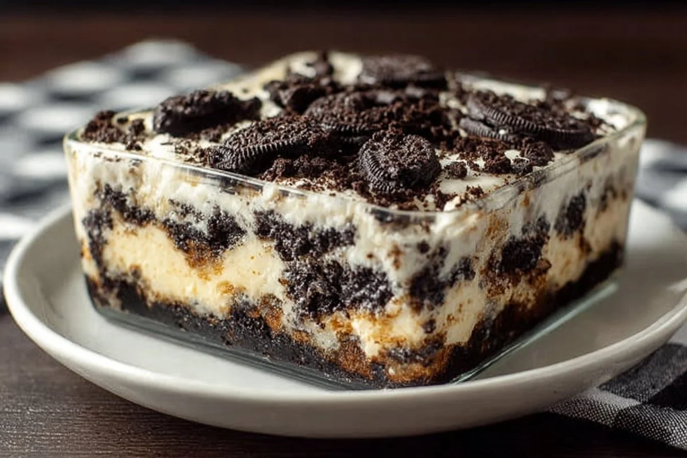 Delicious Oreo Dump Cake with chocolate and cream layers