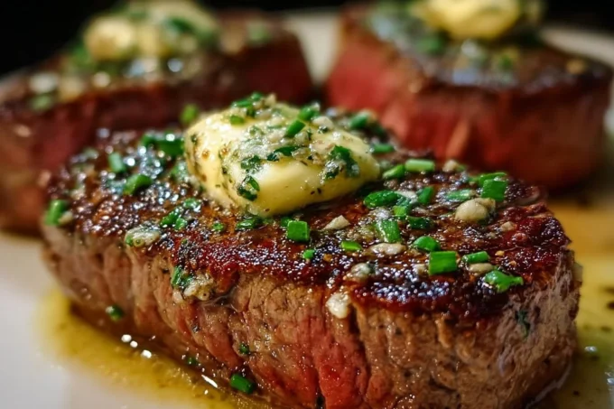 Delicious pan seared steak with garlic butter on a plate