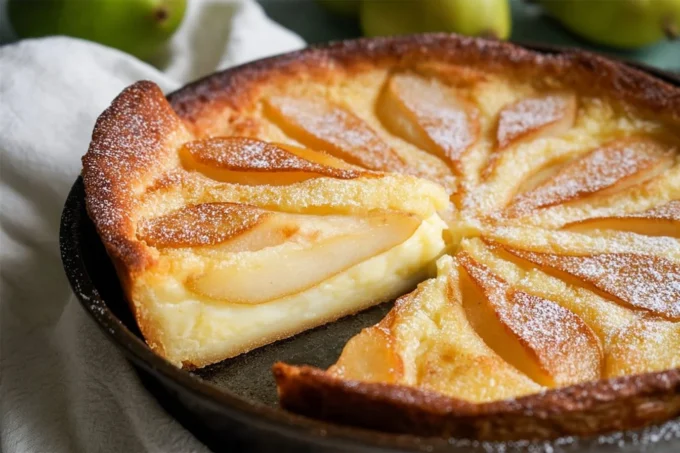 Homemade Pear Custard Pie with golden crust and sliced pears on top