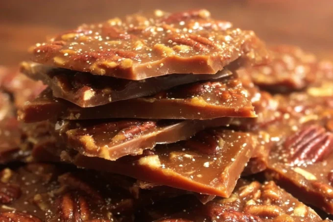 Delicious pecan pie bark dessert with chocolate and caramel flavors.