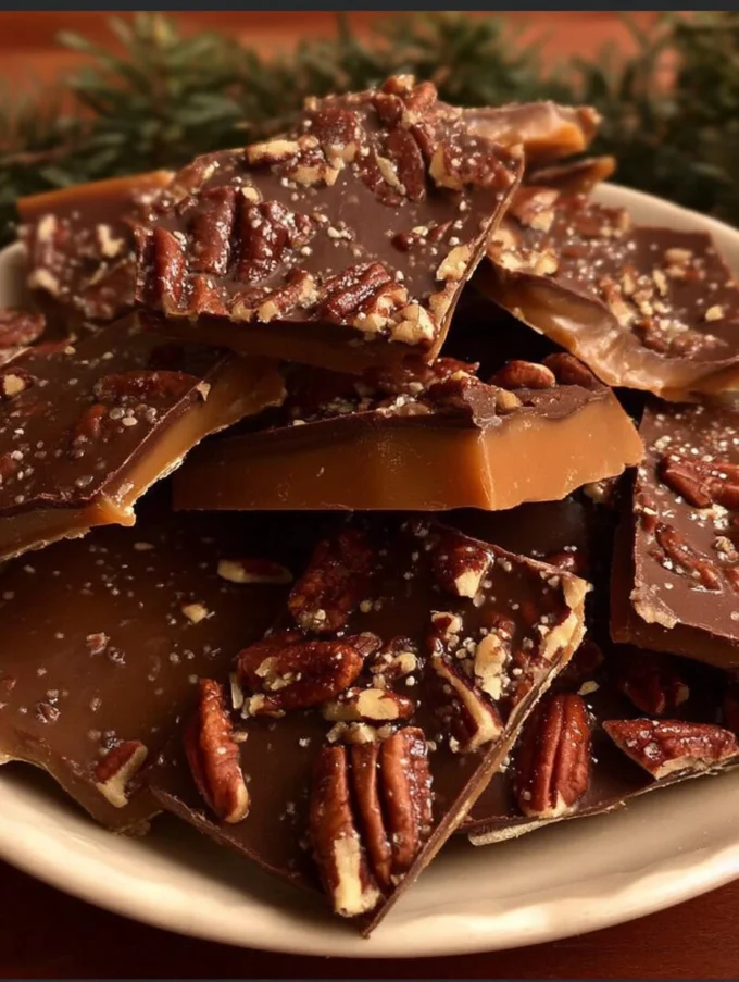 Delicious pecan toffee with nuts and caramelized sugar in a festive setting