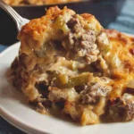 Philly Cheese Steak Casserole topped with melted cheese and peppers