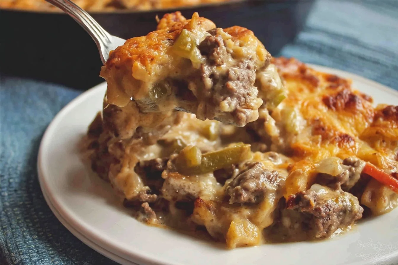 Philly Cheese Steak Casserole topped with melted cheese and peppers