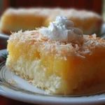 Delicious Pineapple Coconut Cake topped with coconut flakes and fresh pineapple