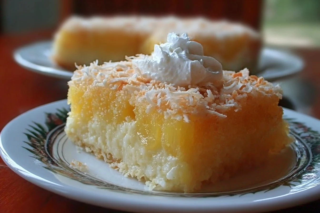 Delicious Pineapple Coconut Cake topped with coconut flakes and fresh pineapple