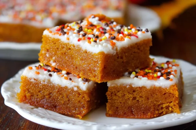 Delicious homemade pumpkin bars with cream cheese frosting on a rustic wooden table