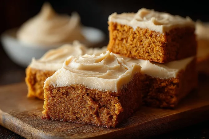 Delicious pumpkin bars with brown sugar frosting on a rustic wooden table