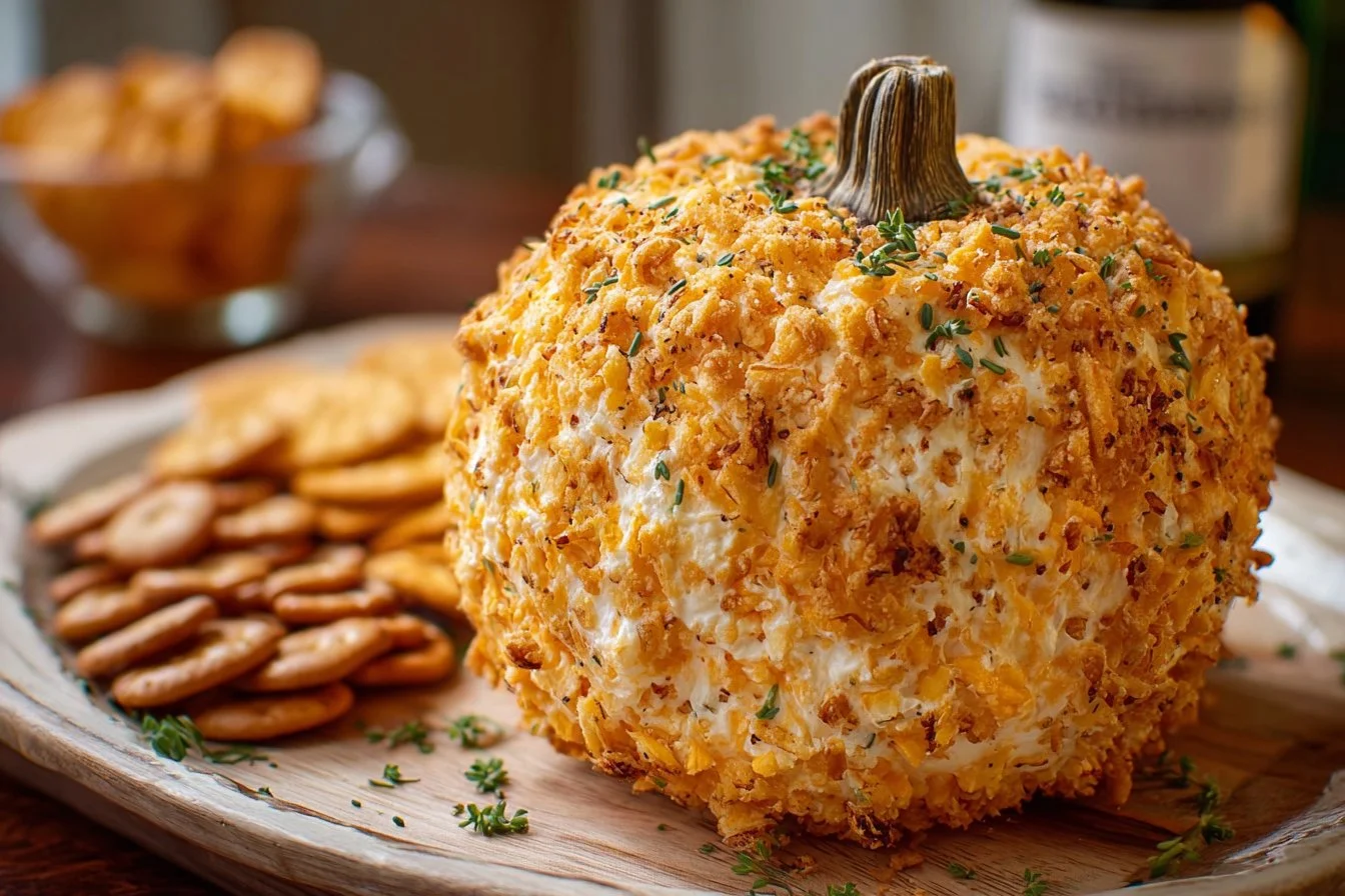 Delicious pumpkin cheese ball served with crackers, perfect for fall parties.