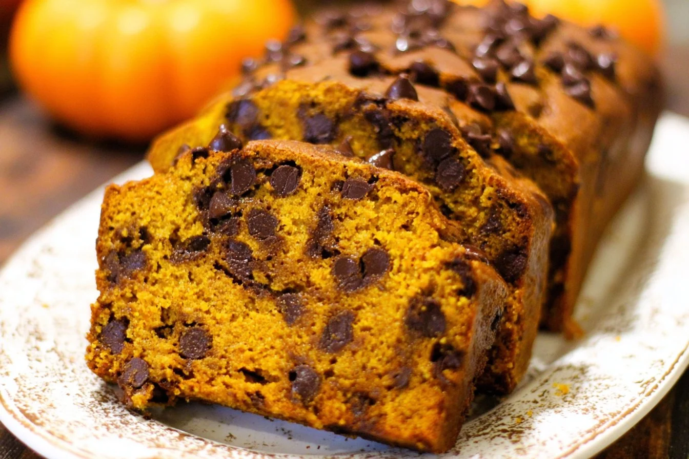 Delicious slice of Pumpkin Chocolate Chip Bread with chocolate chips and pumpkin spice