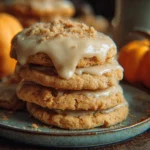 Close-up of pumpkin cookies drizzled with brown butter icing on a plate
