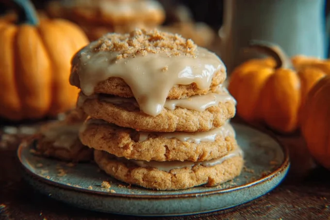 Close-up of pumpkin cookies drizzled with brown butter icing on a plate