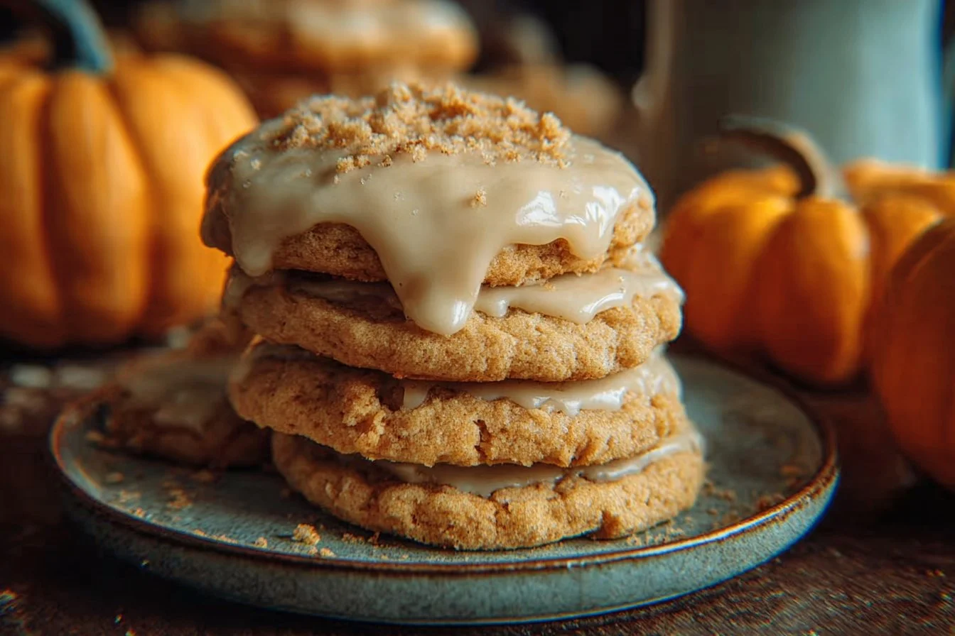 Close-up of pumpkin cookies drizzled with brown butter icing on a plate