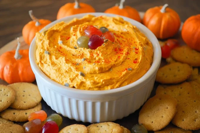 Creamy pumpkin dip served with snacks, perfect for fall gatherings.