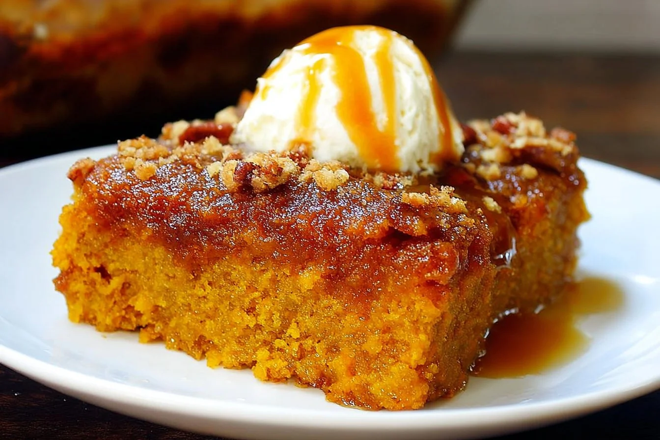 A slice of delicious pumpkin dump cake topped with whipped cream
