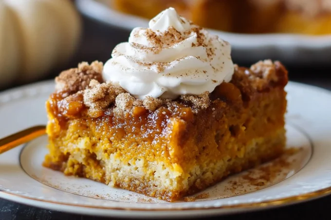 Delicious Pumpkin Dump Cake served in a rustic dish, perfect for autumn desserts.