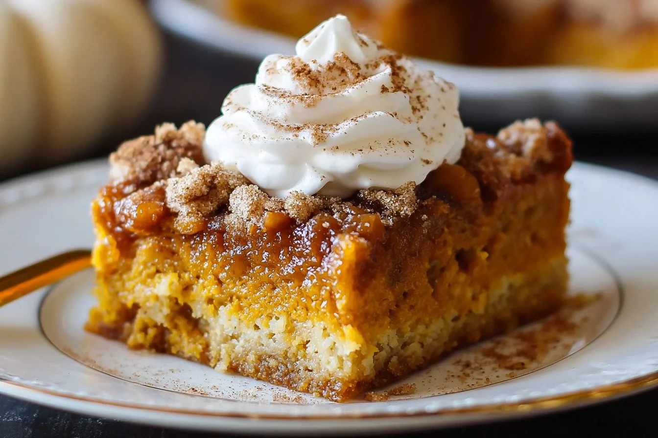 Delicious Pumpkin Dump Cake served in a rustic dish, perfect for autumn desserts.