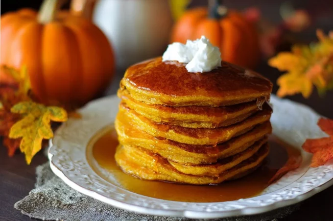 Delicious stack of pumpkin pancakes topped with syrup and cinnamon