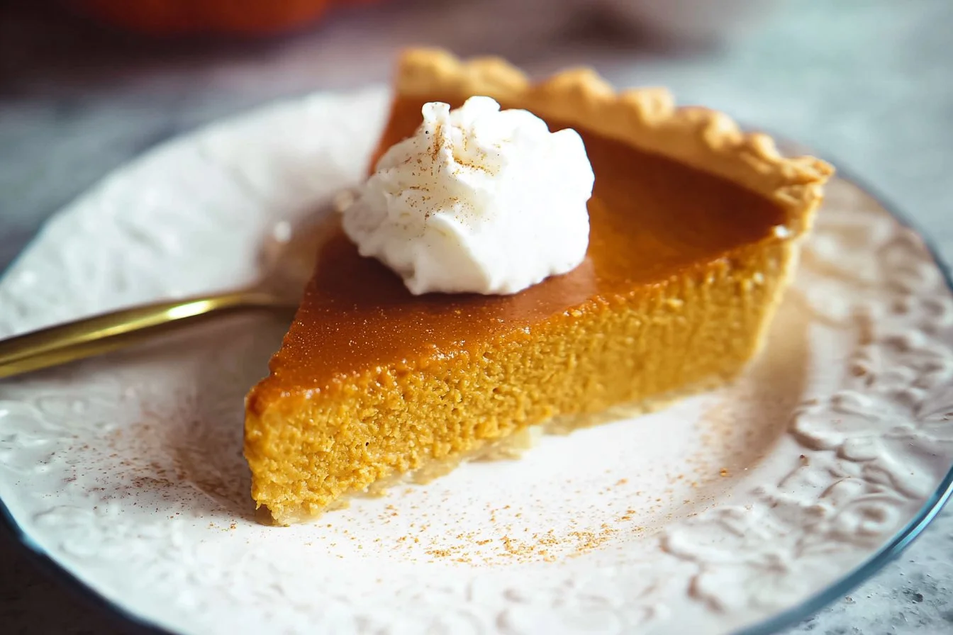 Delicious homemade pumpkin pie with whipped cream topping