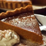 Delicious homemade Pumpkin Pie topped with whipped cream on a rustic table.