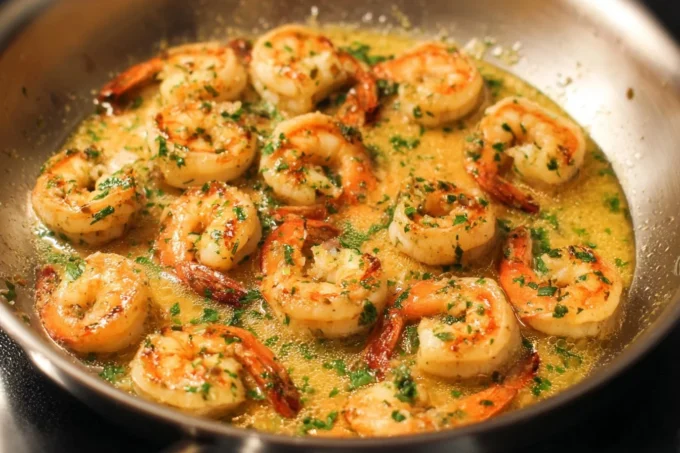 Plate of quick and easy shrimp scampi with garlic and pasta