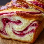 Freshly baked Raspberry Swirl Brioche Loaf with a vibrant raspberry filling.