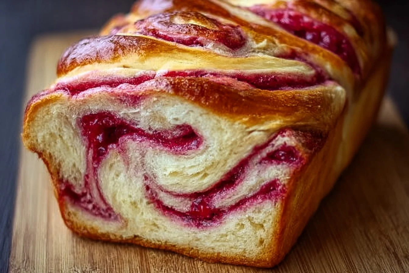 Freshly baked Raspberry Swirl Brioche Loaf with a vibrant raspberry filling.