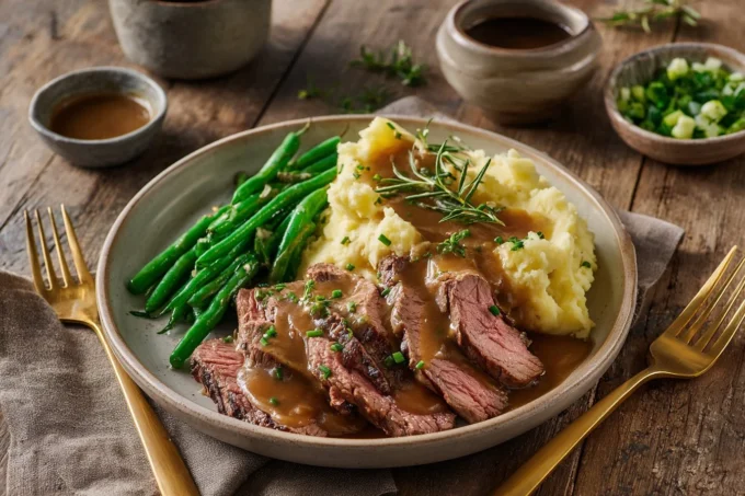 Ribeye steak with roasted garlic sauce served with mashed potatoes and green beans