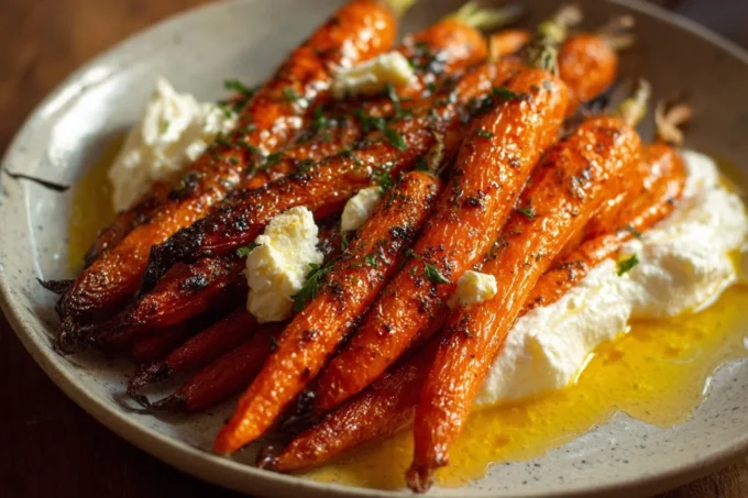 Plate of roasted carrots topped with whipped ricotta and hot honey