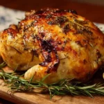 Roasted lemon rosemary chicken garnished with fresh herbs on a serving plate.