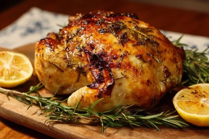 Roasted lemon rosemary chicken garnished with fresh herbs on a serving plate.