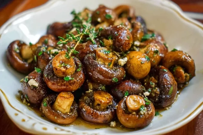 Plate of roasted mushrooms in browned butter sauce garnished with herbs