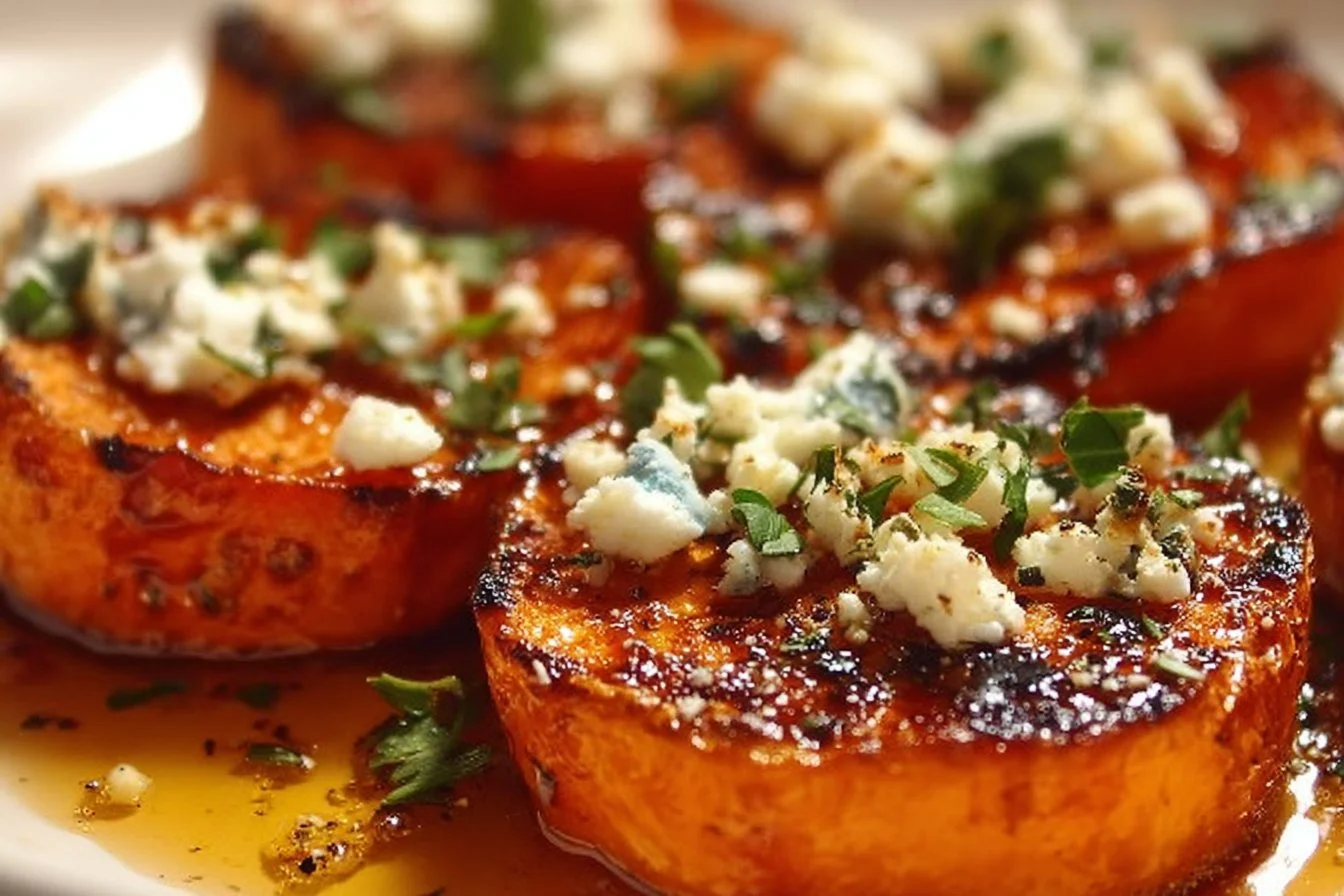 Roasted sweet potato rounds topped with honey and feta cheese