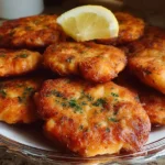 Crispy homemade salmon patties served on a plate with fresh greens.